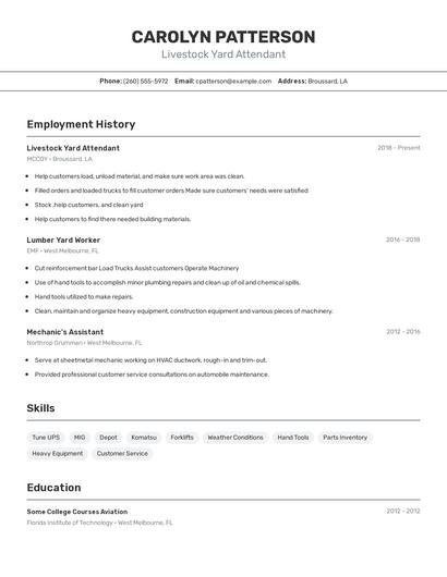 Livestock Yard Attendant Resume