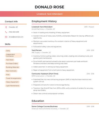 Livestock Yard Attendant Resume