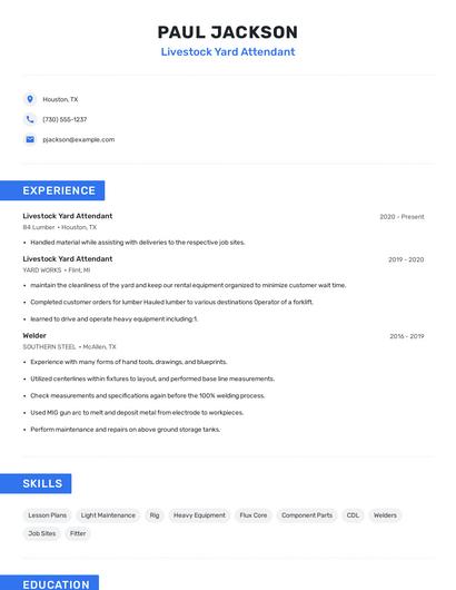 Livestock Yard Attendant Resume