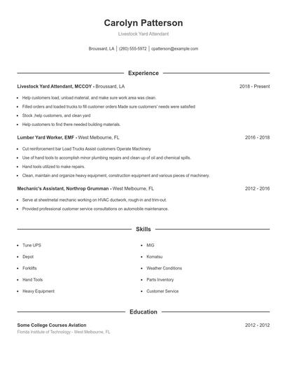 Livestock Yard Attendant Resume