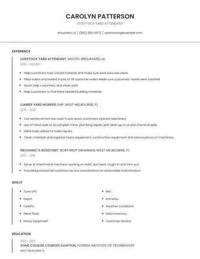 Livestock Yard Attendant Resume