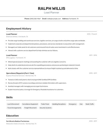 Load Planner Resume