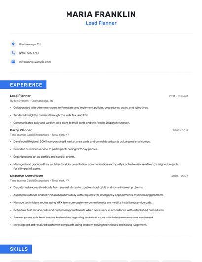 Load Planner Resume
