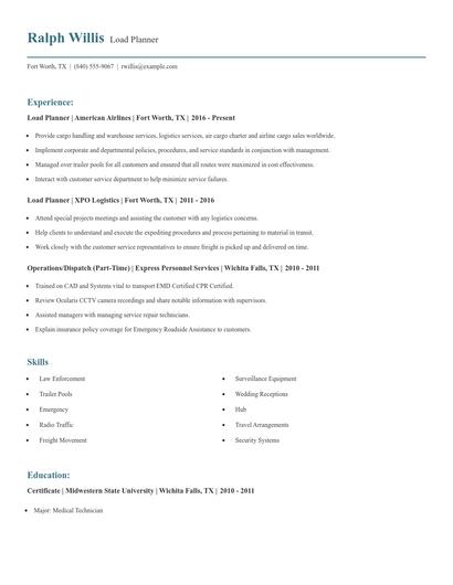 Load Planner Resume