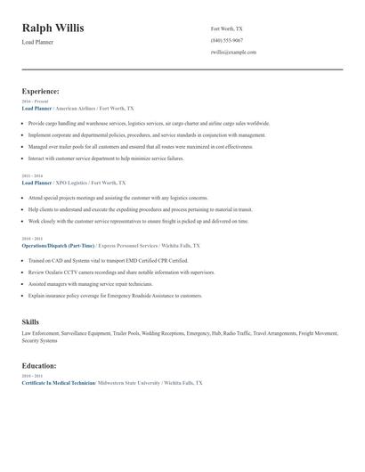 Load Planner Resume