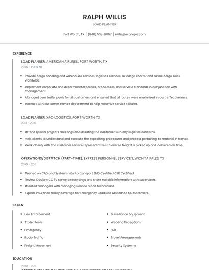 Load Planner Resume