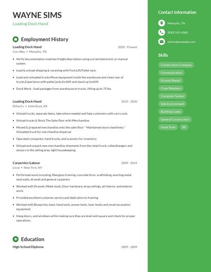 Loading Dock Hand Resume