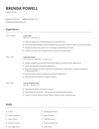 Loan Clerk Resume