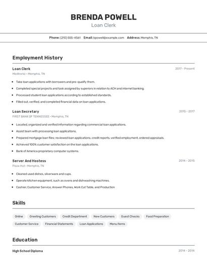 Loan Clerk Resume