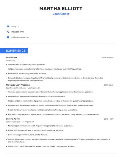 Loan Closer Resume