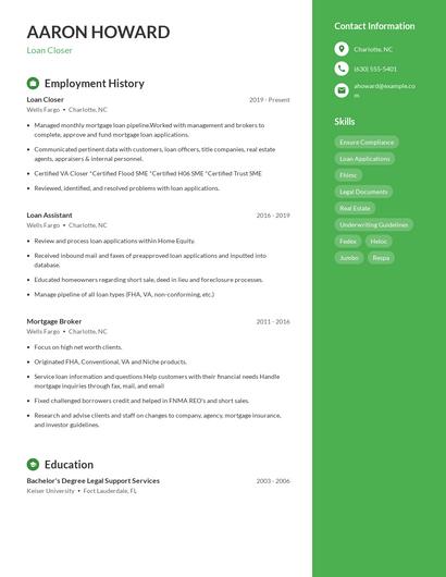 Loan Closer Resume