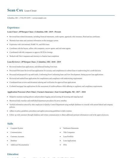 Loan Closer Resume
