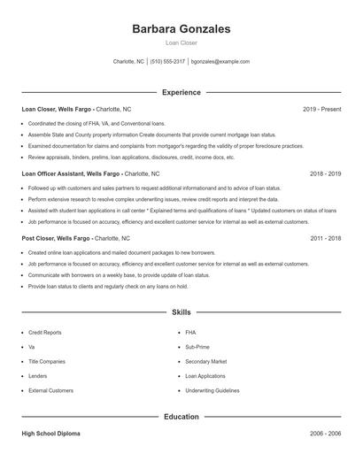Loan Closer Resume