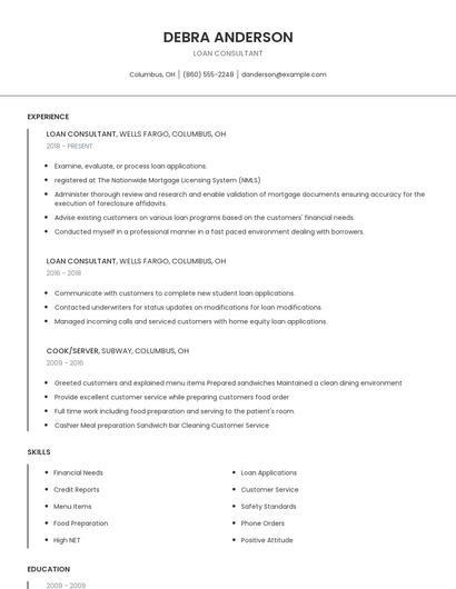 Loan Consultant Resume