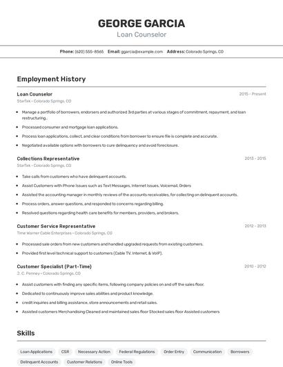 Loan Counselor Resume