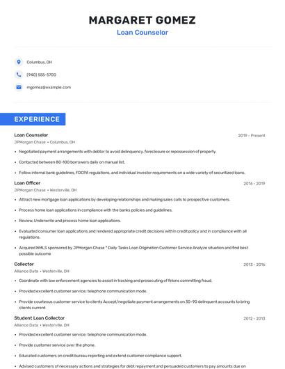 Loan Counselor Resume