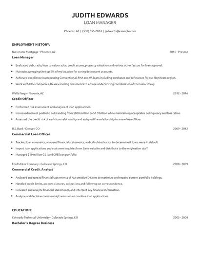 Loan Manager Resume