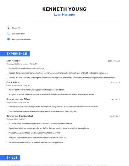 Loan Manager Resume