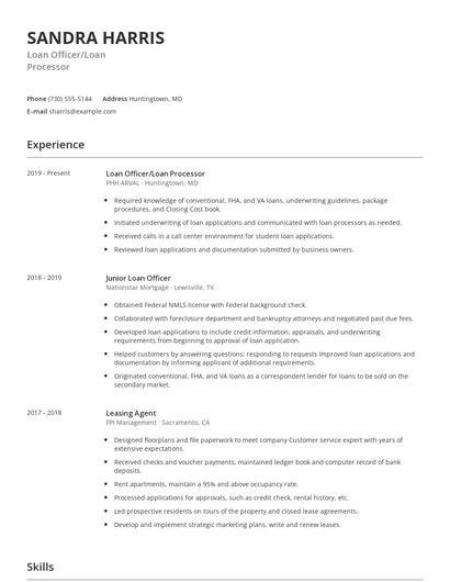 Loan Officer/Loan Processor Resume