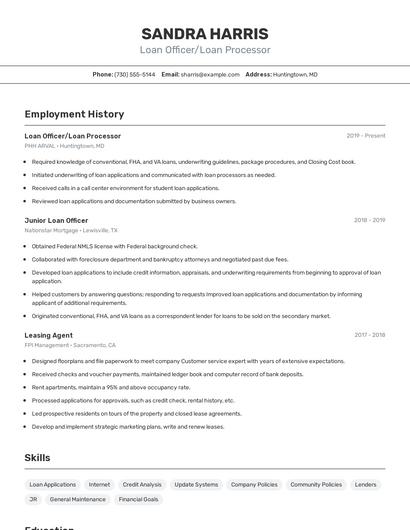 Loan Officer/Loan Processor Resume