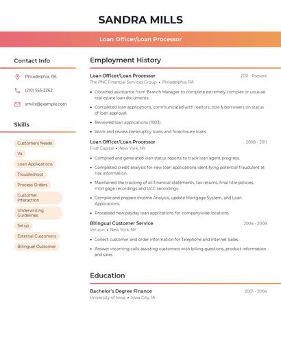 Loan Officer/Loan Processor Resume