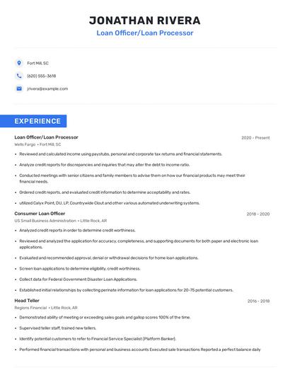 Loan Officer/Loan Processor Resume