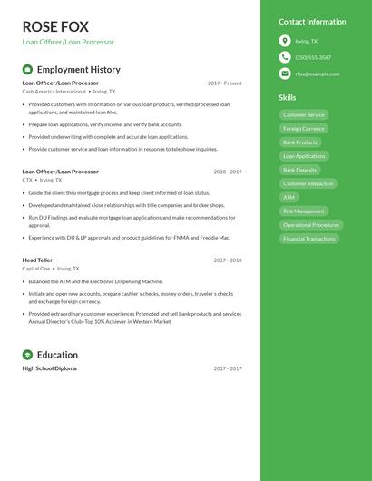 Loan Officer/Loan Processor Resume