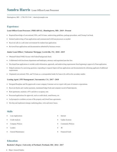 Loan Officer/Loan Processor Resume