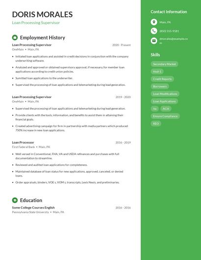 Loan Processing Supervisor Resume