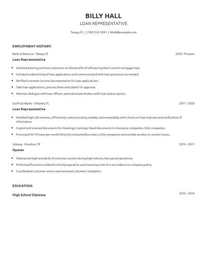 Loan Representative Resume