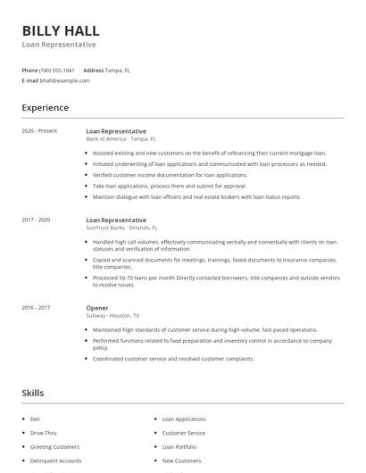 Loan Representative Resume