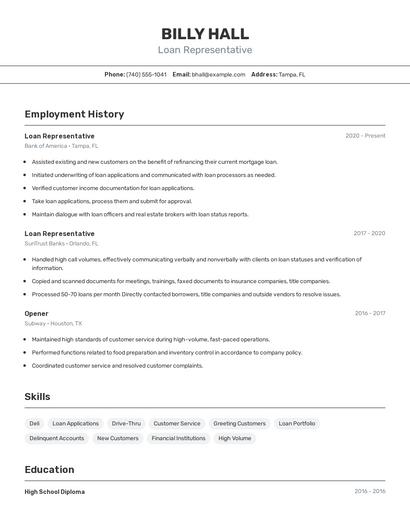 Loan Representative Resume