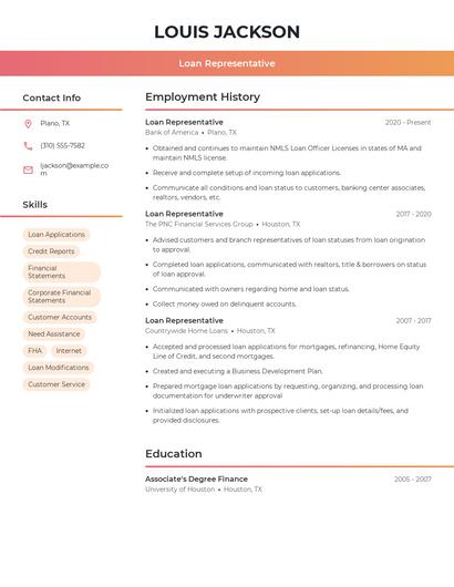 Loan Representative Resume