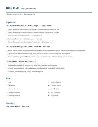 Loan Representative Resume