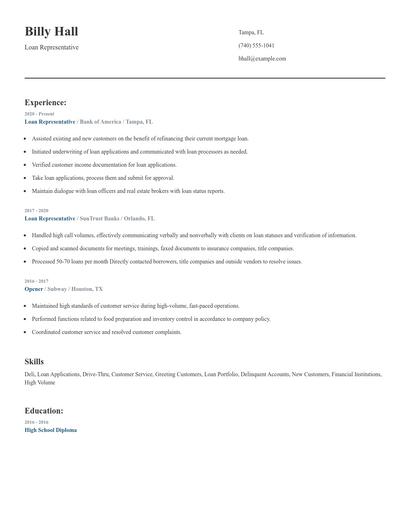 Loan Representative Resume