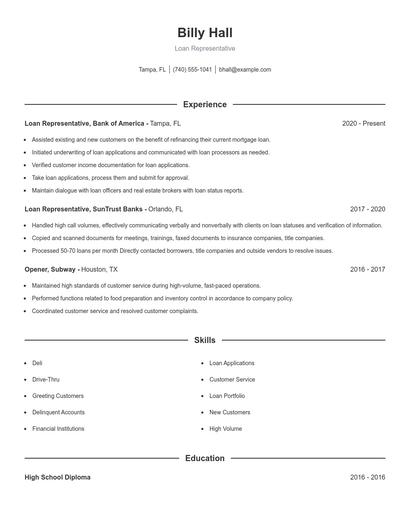 Loan Representative Resume