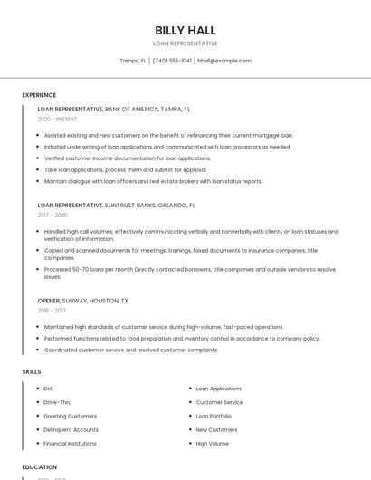 Loan Representative Resume