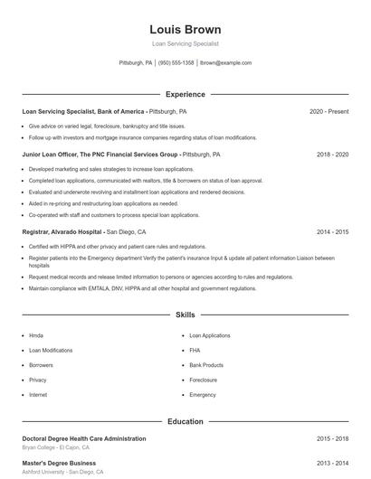 Loan Servicing Specialist Resume