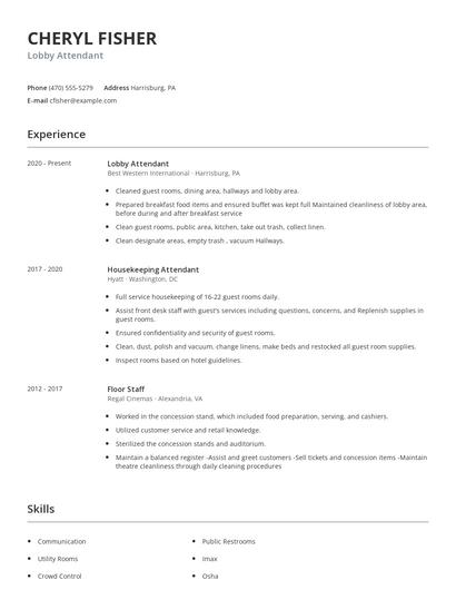 Lobby Attendant Resume