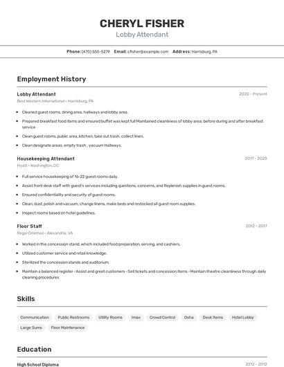 Lobby Attendant Resume