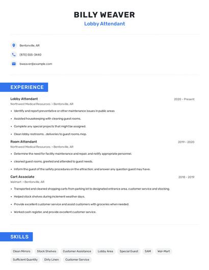 Lobby Attendant Resume