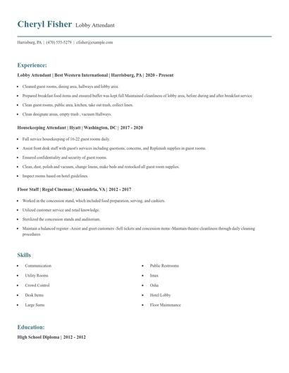 Lobby Attendant Resume