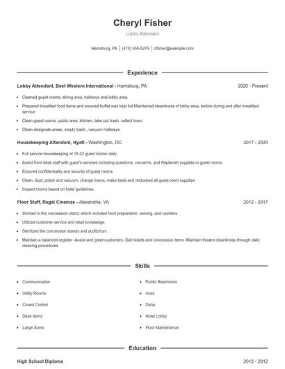 Lobby Attendant Resume