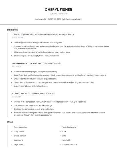 Lobby Attendant Resume