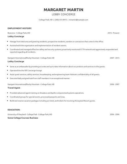 Lobby Concierge Resume