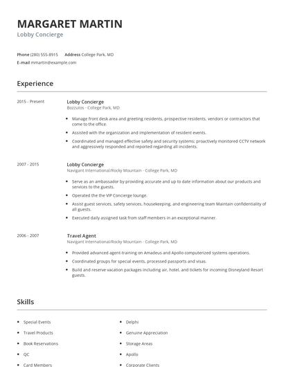 Lobby Concierge Resume