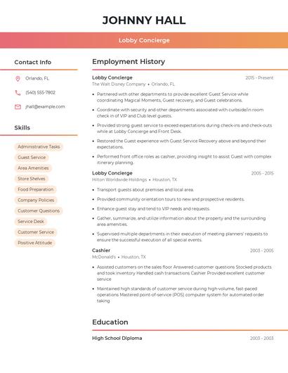 Lobby Concierge Resume