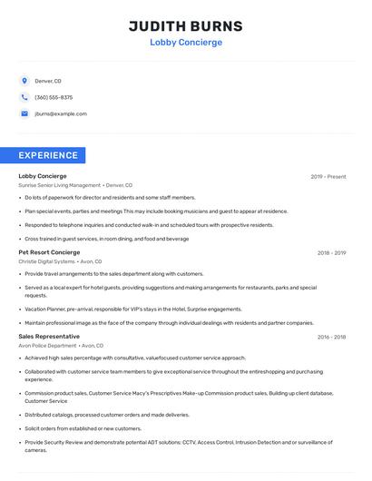 Lobby Concierge Resume