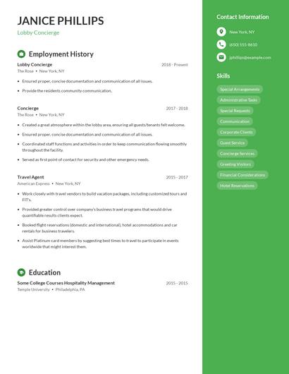Lobby Concierge Resume