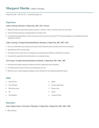 Lobby Concierge Resume